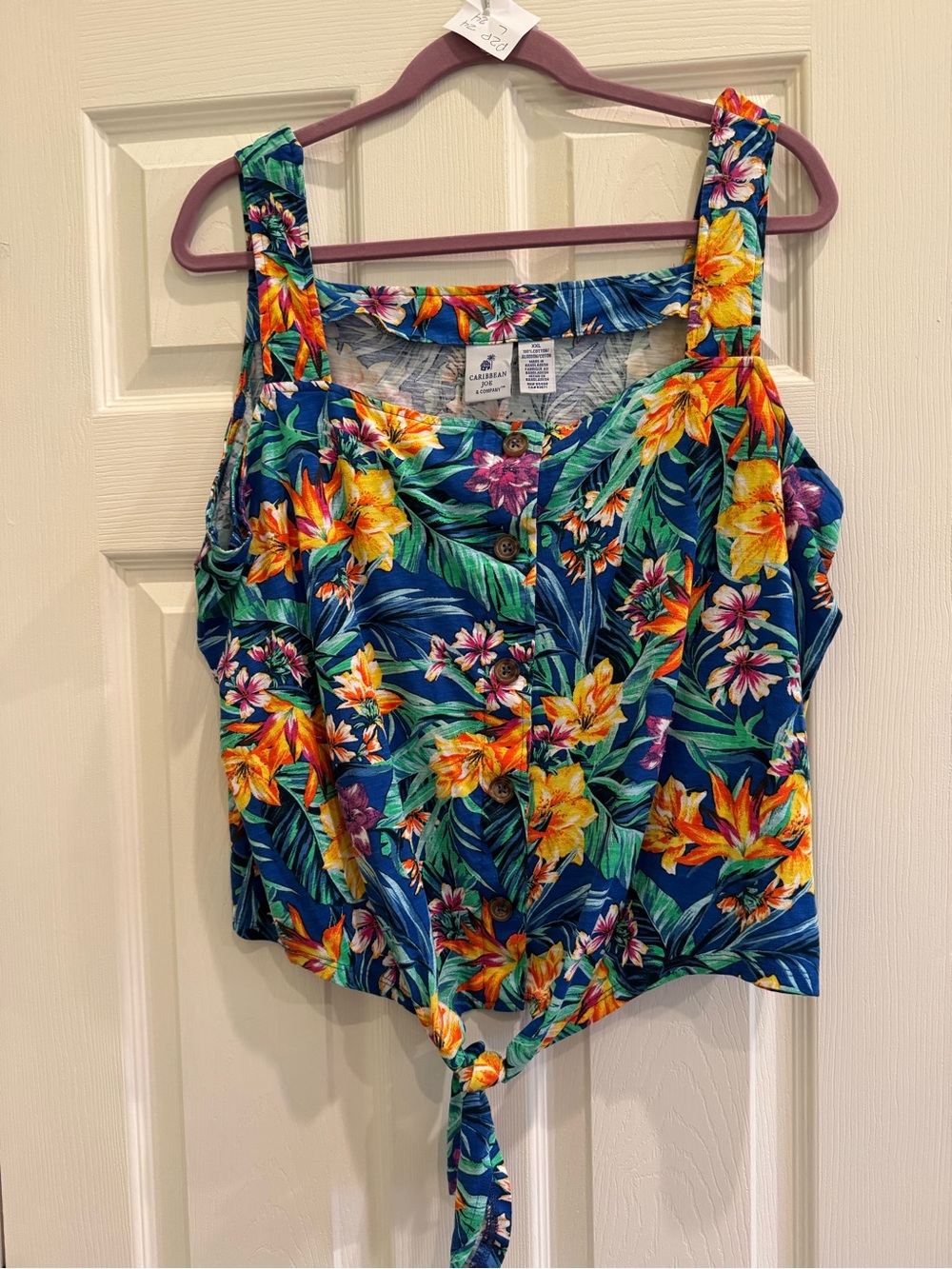 Caribbean Joe tropical print button front cotton tank top - XXL